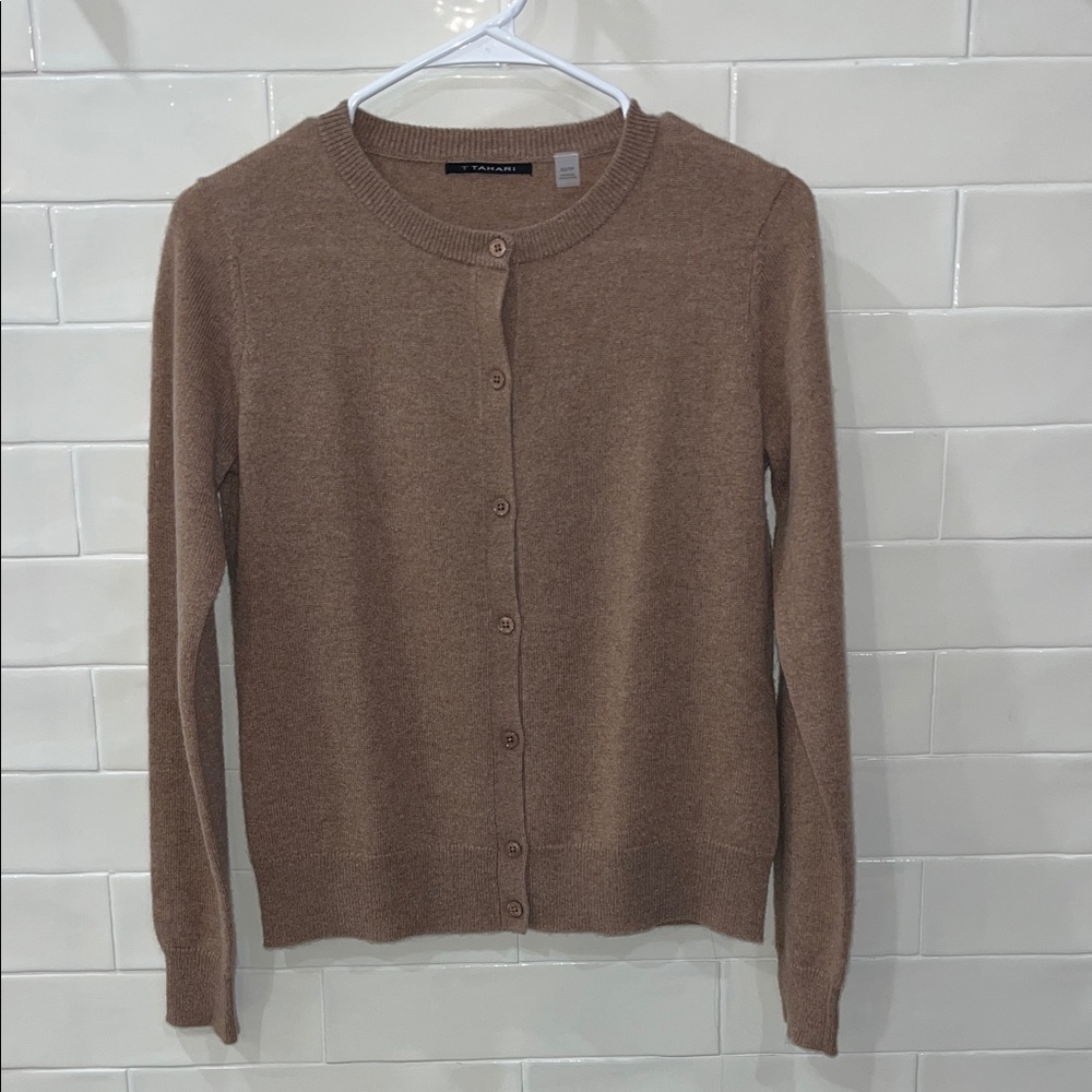 Tahari Crewneck Cashmere Cardigan In Brown 7 Button  XS